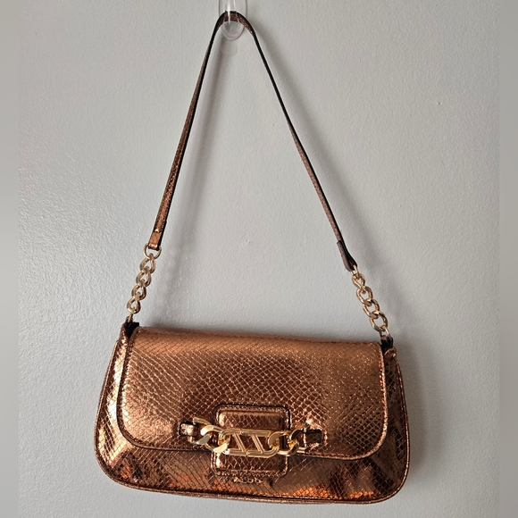 Aldo Handbags - Aldo Metallic Bronze Snakeskin Shoulder Bag Gold Chain Hardware Baguette Purse